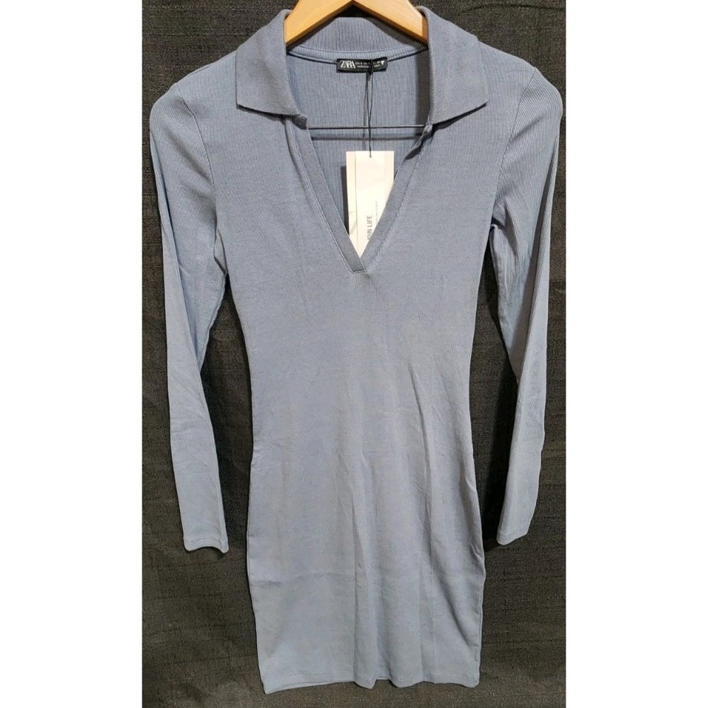 NEW Zara Dress Womens Small Mini Bodycon Ribbed Knit Collar V Neck Blue Gray NWT